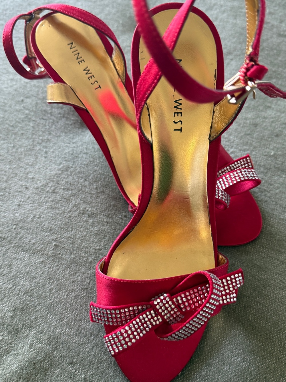 Nine West Red Satin Rhinestone Bow Strappy Heels